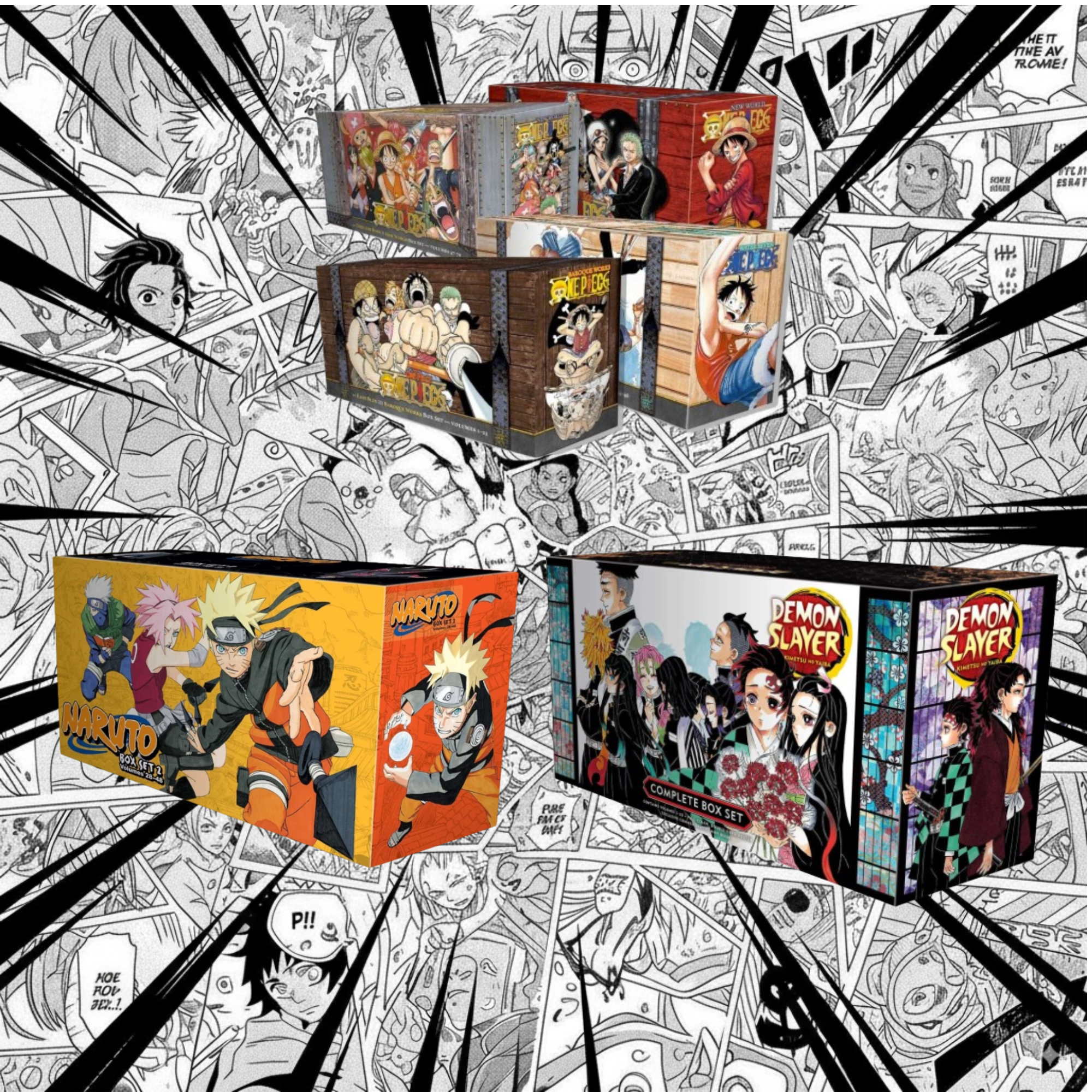 “Naruto Manga Box Set (Vol. 1–72) + Demon Slayer Manga Box Set (Vol. 1–23) + One Piece Manga Set (Vol. 1–106) – Complete Premium Bundle