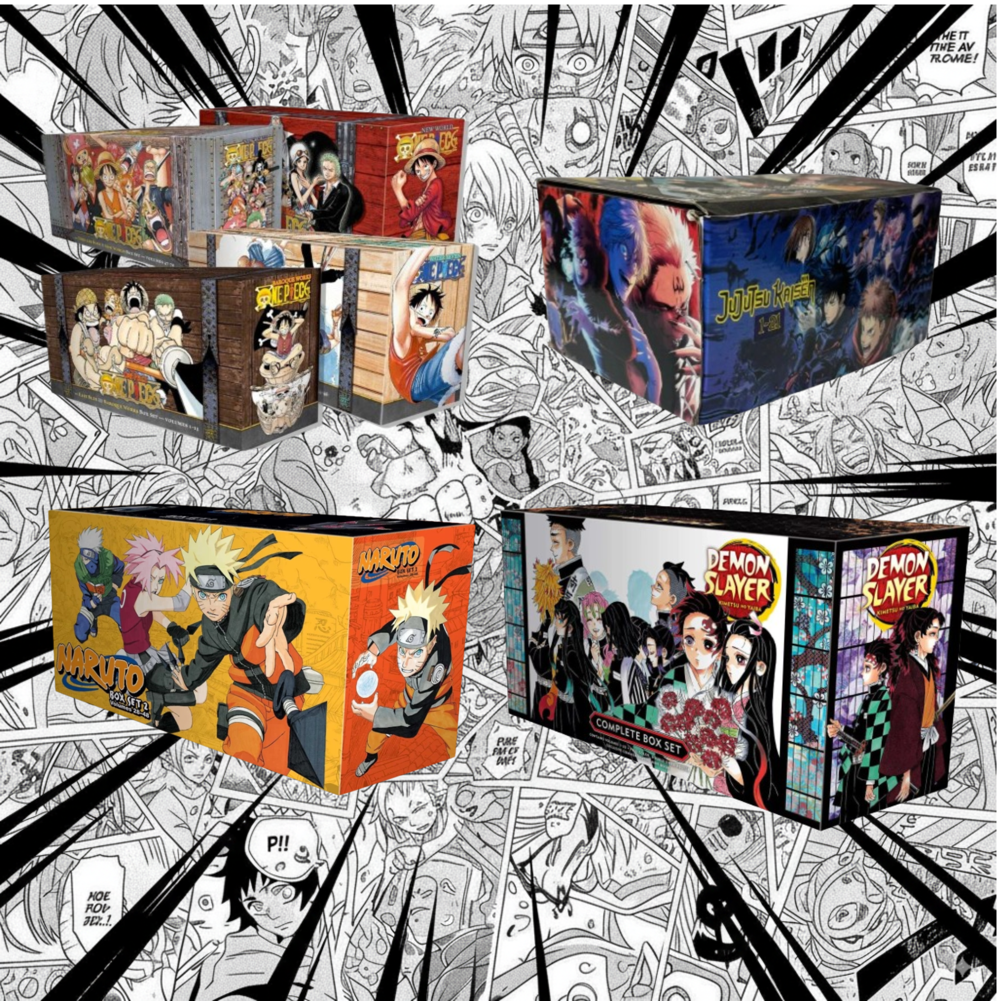 " One Piece Manga Set (Vol. 1–106) + Demon Slayer Manga Box Set (Vol. 1–23) + Naruto Manga Box Set (Vol. 1–72) + Jujutsu Kaisen Manga Set (Vol. 1–26) + FREE One Piece Bounty Poster Collection (160+) – Complete Premium Bundle "